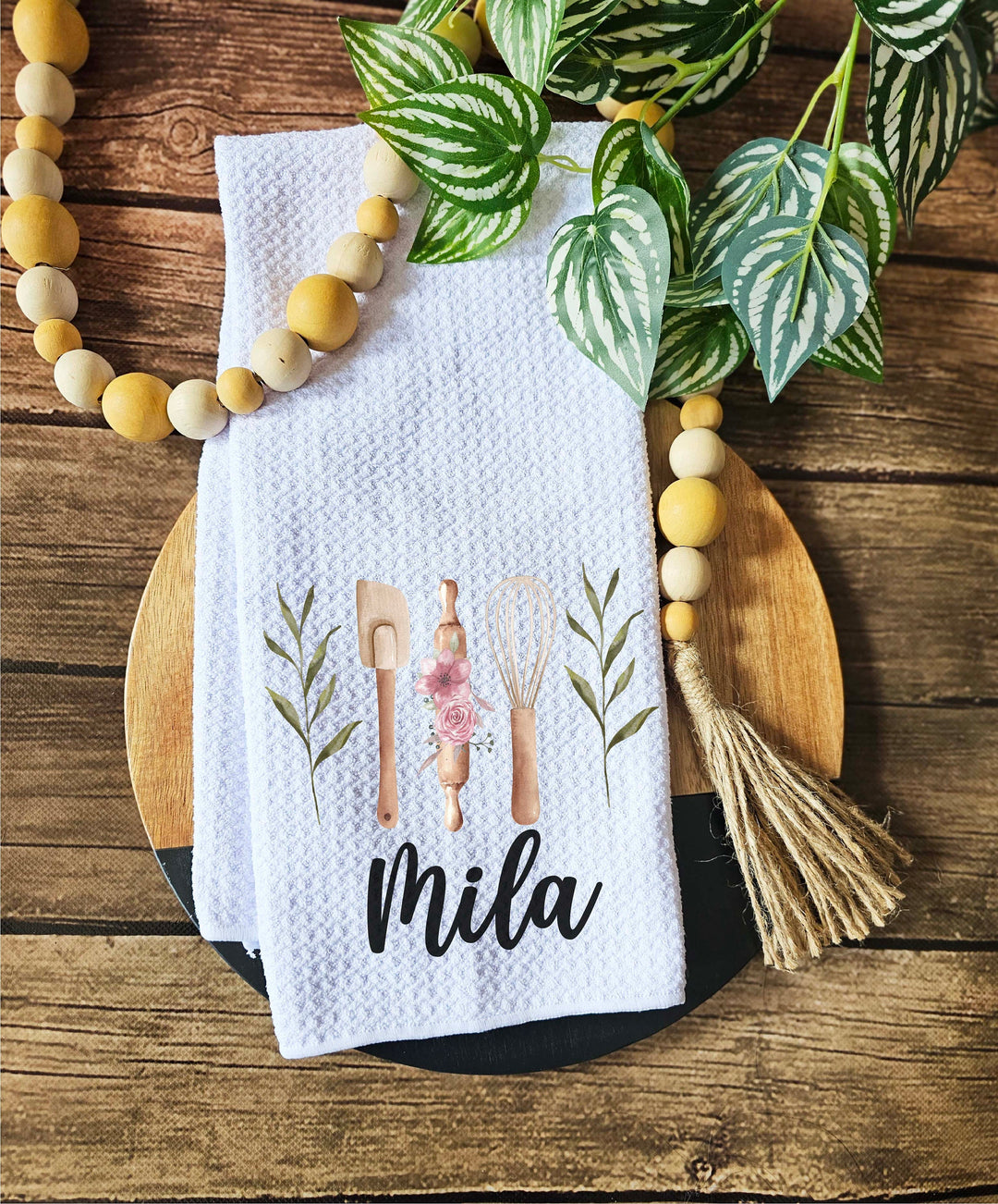 Personalized Dish Towel Custom Kitchen Decor Gift Waffle Weave