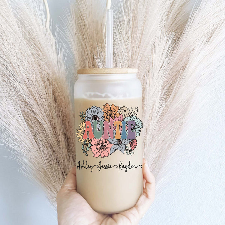 Personalized Auntie Iced Coffee Glass Cup with Lid and Straw