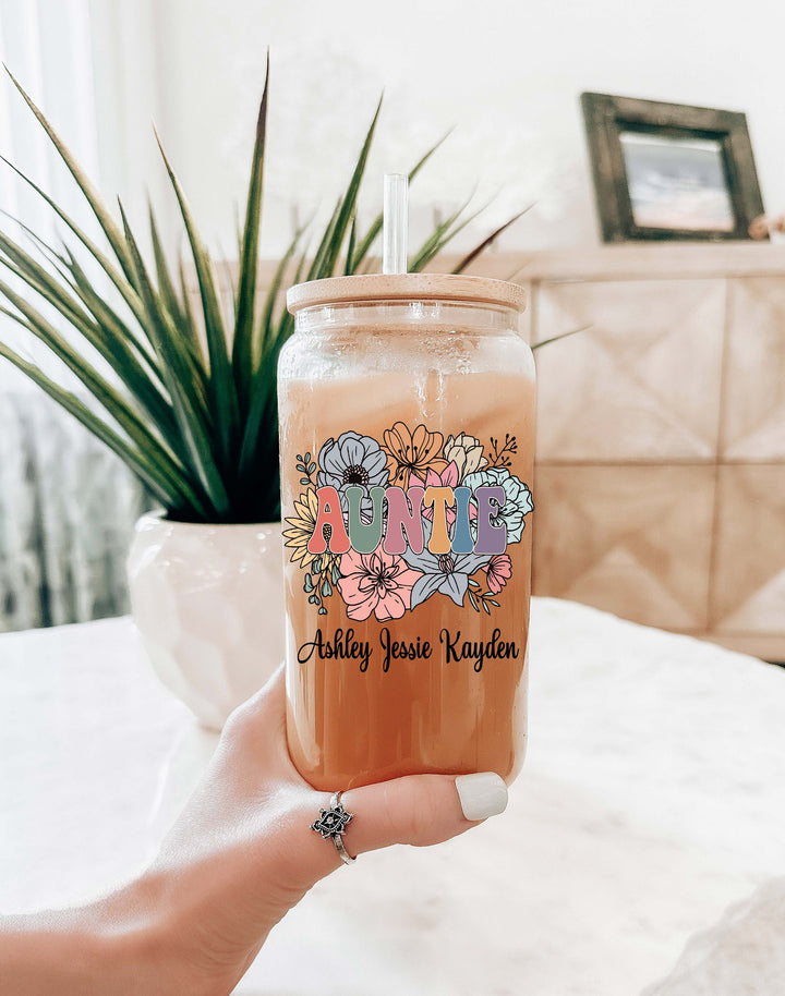 Personalized Auntie Iced Coffee Glass Cup with Lid and Straw