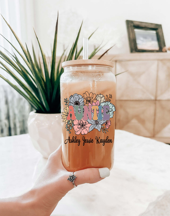 Personalized Auntie Iced coffee Glass cup with lid and straw mom gift tumbler Retro Floral&nbsp;Auntie gift Custom auntie Tumbler with kid name