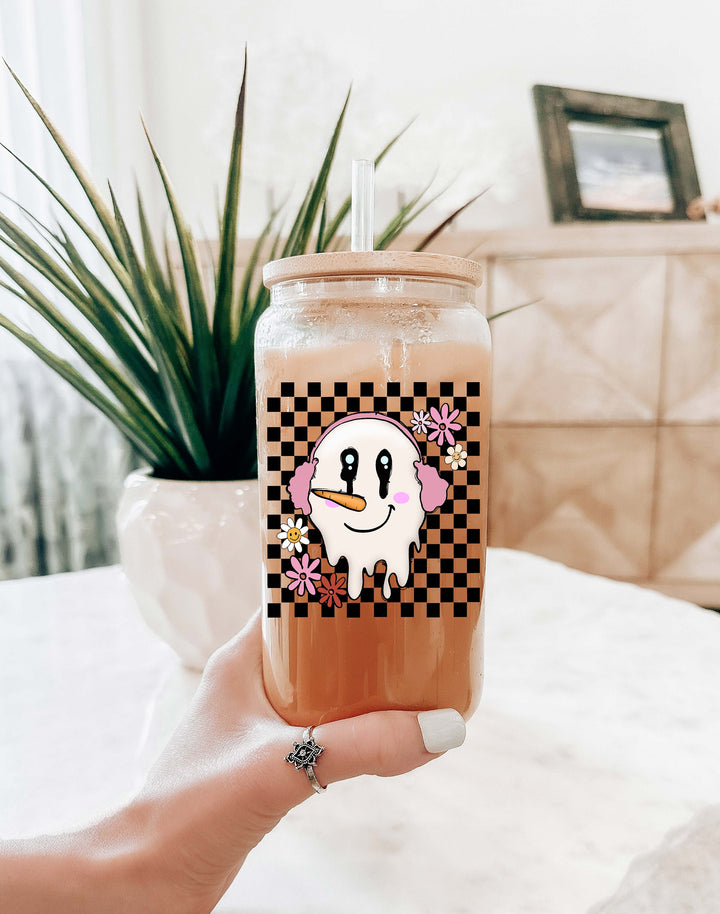 Snow Man Christmas Iced Coffee Cup with Lid and Straw