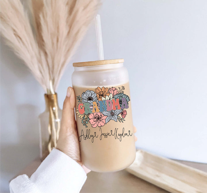 Personalized Nana Iced Coffee Glass Cup with Lid and Straw