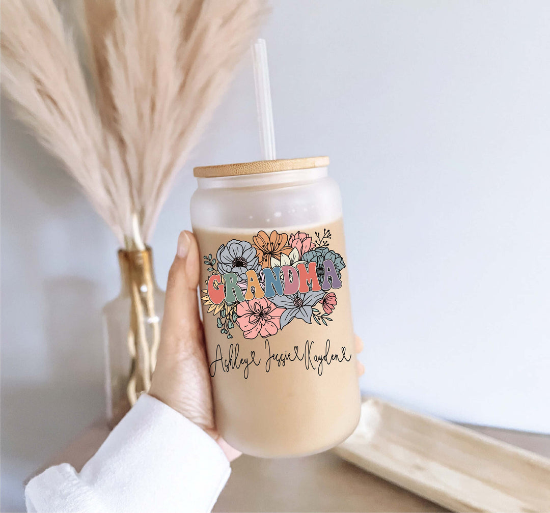 Personalized nana Iced coffee Glass cup with lid and straw Custom Grandma coffee cup with kids name Gigi coffee cups Mimi personalized cups