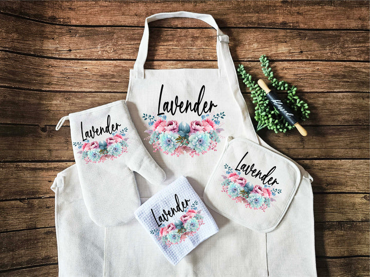 Personalized Apron for Women with Pocket - Custom Oven Mitts, Potholder, and Dish Towel - Perfect Kitchen Gift and Wedding Gift Set