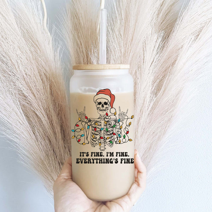 Its fine everything is fine Skeleton Christmas Iced coffee glass with lid and straw Iced coffee glass cup Tumbler Holiday glass coffee cups