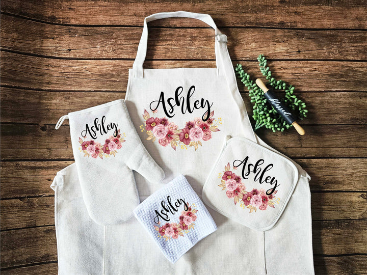 Personalized Apron for women Custom Oven mitt and Potholder Personalized dish towel Kitchen gift for her wedding gift for her Birthday Gift