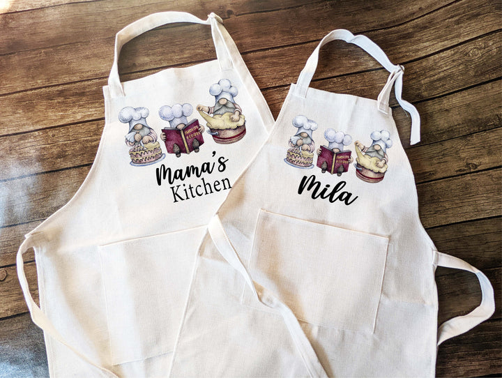 Personalized Gnome Baking apron for women kids with Pocket Mom daughter matching baking apron kids birthday gift Custom Cooking Apron