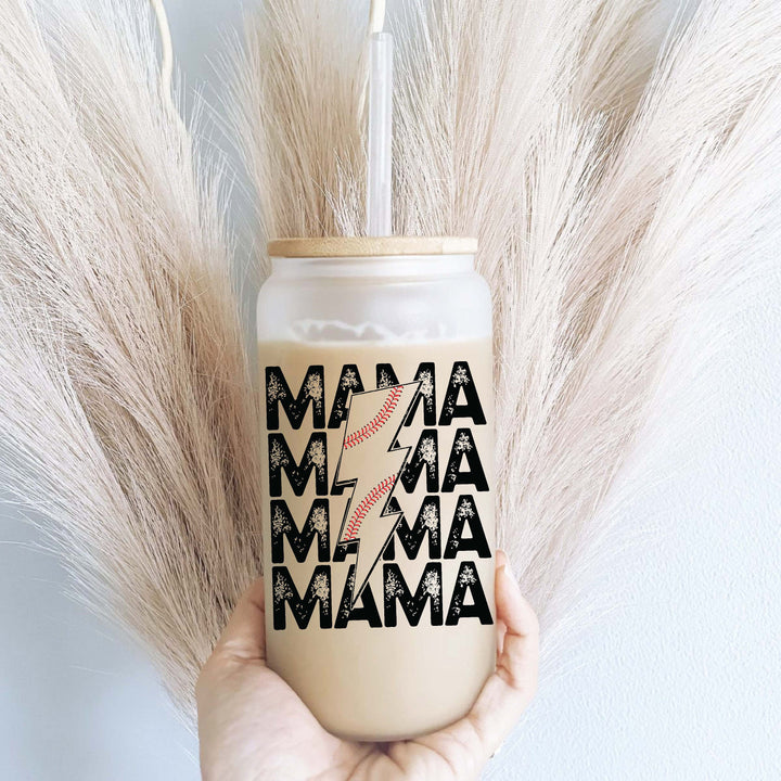 Retro Baseball mama Iced coffee Glass cup with lid &amp; straw gift tumbler sport mama gift baseball mom iced coffee Tumbler mama gift birthday