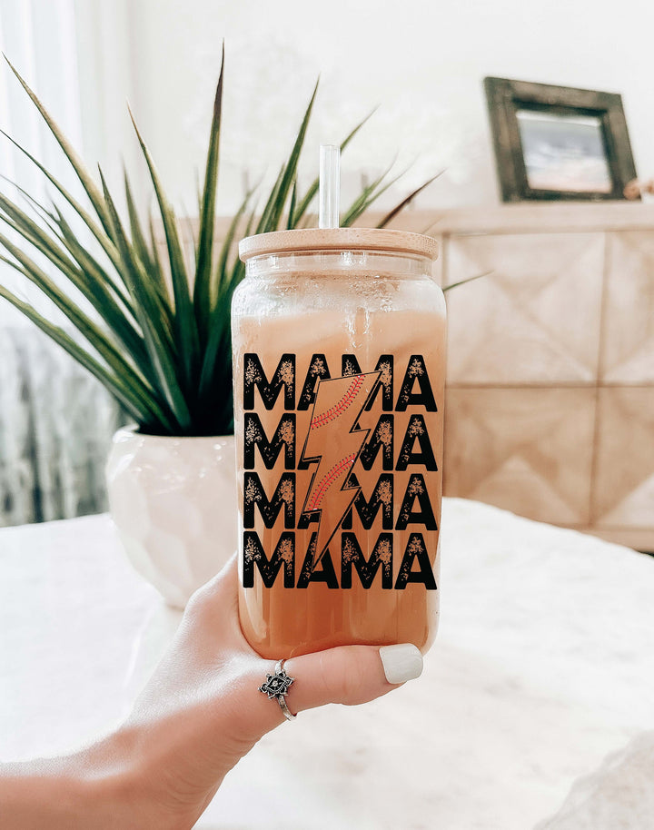 Retro Baseball mama Iced coffee Glass cup with lid &amp; straw gift tumbler sport mama gift baseball mom iced coffee Tumbler mama gift birthday