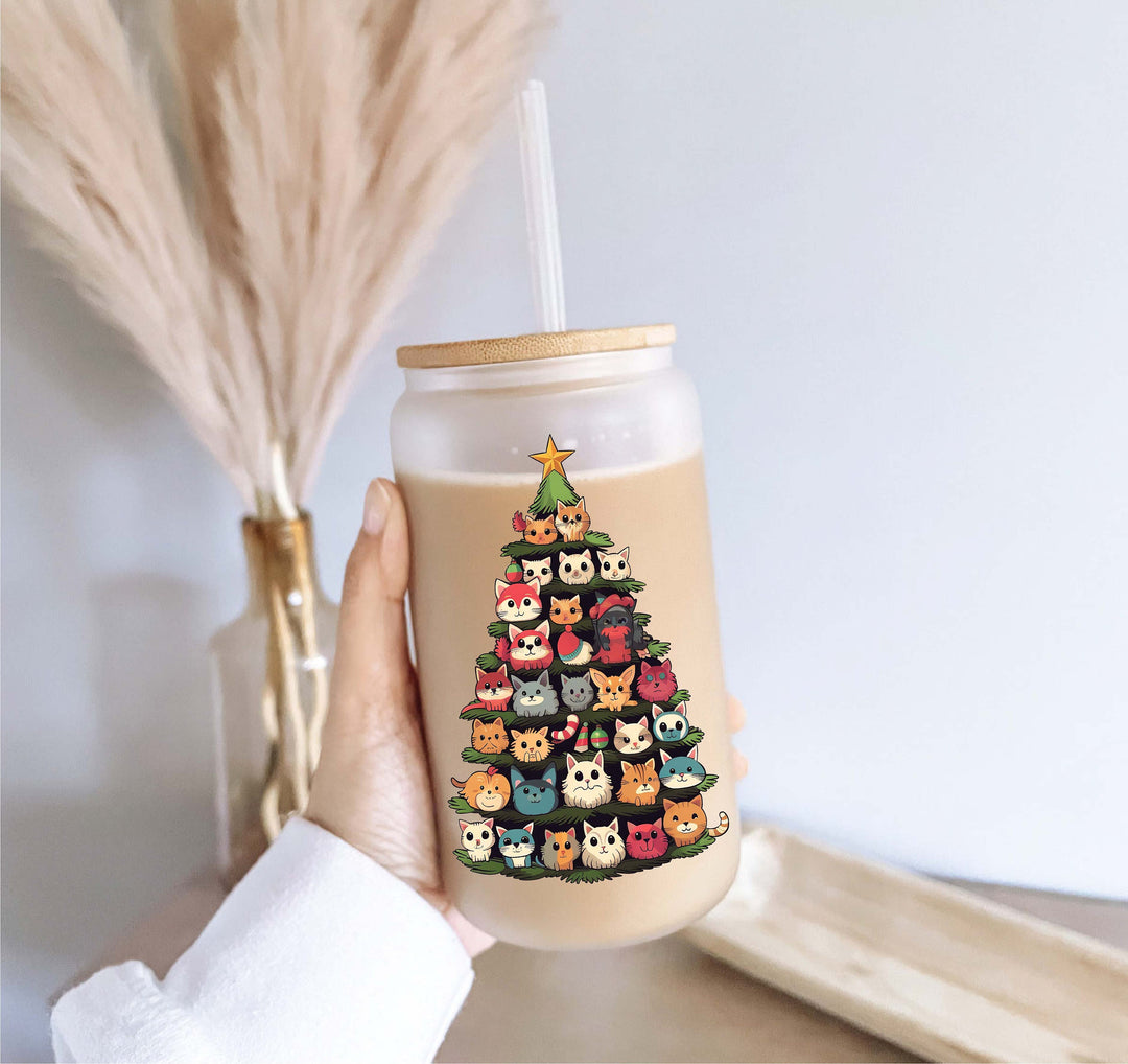 Cat Book Christmas Tree Iced Coffee Glass with Lid