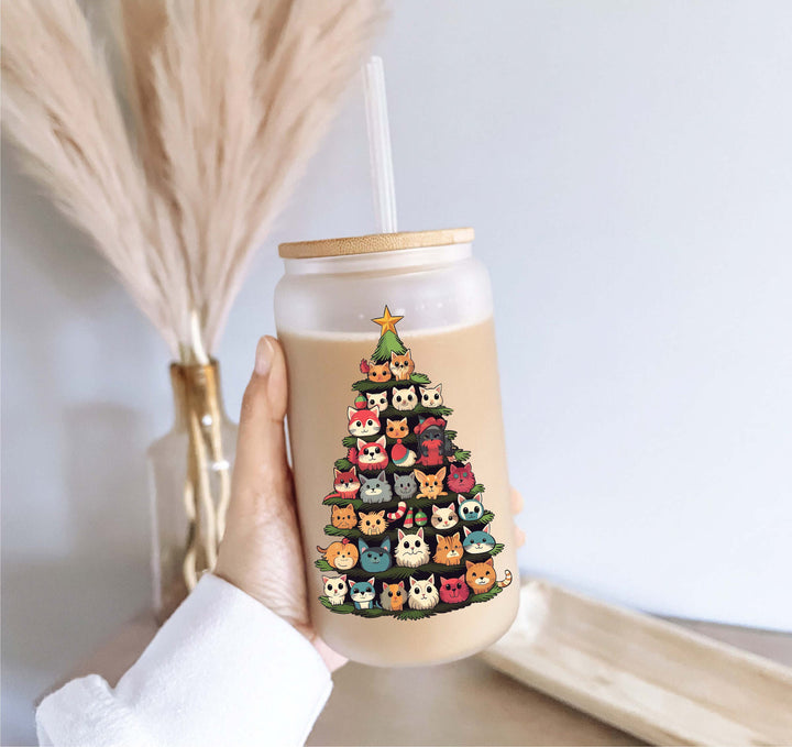 Cat Book Christmas Tree Iced Coffee Glass with Lid