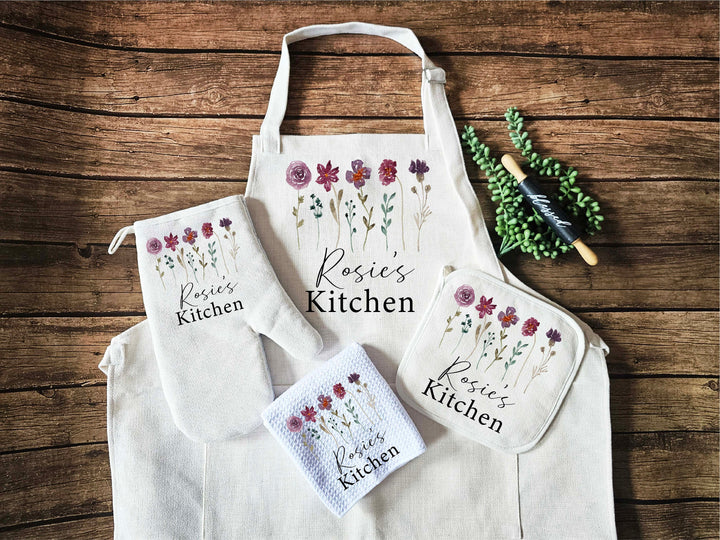 Personalized gift Apron for women with pocket Custom Holiday gift for her Oven mitts and Potholder Personalized dish towel&nbsp;wedding gift set