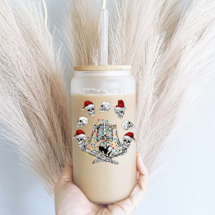 Holiday Skeleton Christmas Iced Coffee Glass Cup Tumbler