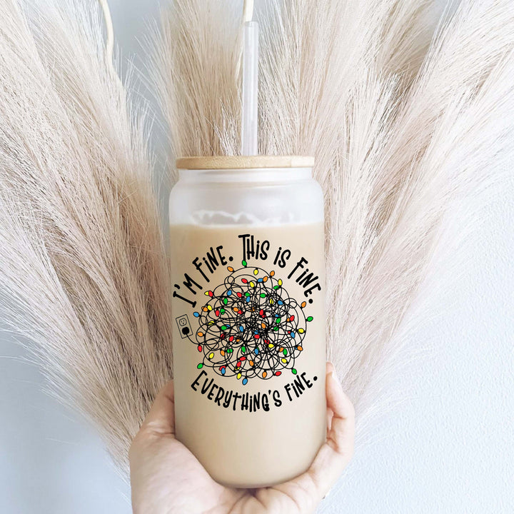 Its fine everything is fine Skeleton Christmas Iced coffee glass with lid and straw Iced coffee glass cup Tumbler Holiday glass coffee cups