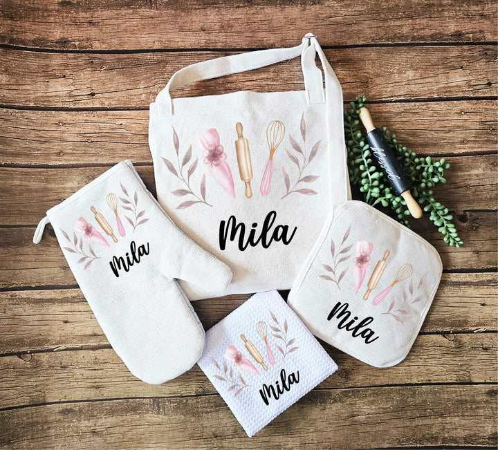 Personalized women apron with pocket Custom Oven mitts and Potholder Personalized dish towel Name Kitchen gift for her wedding gift for her