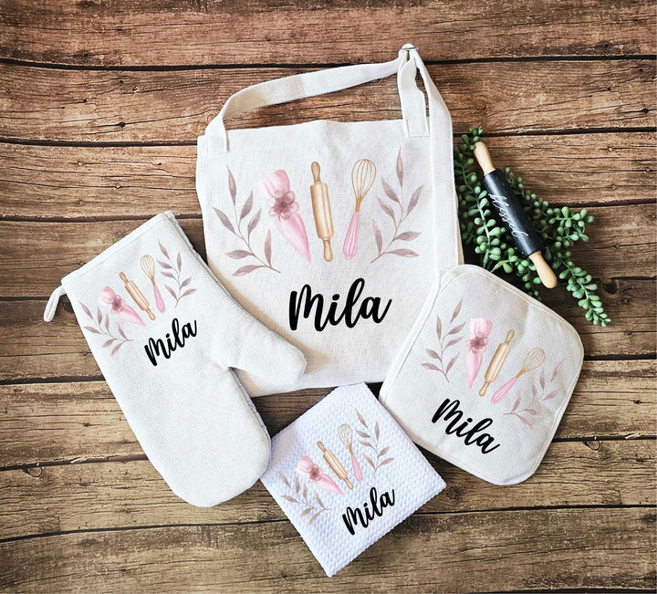 Personalized Women Apron with Pocket and Oven Mitts Set