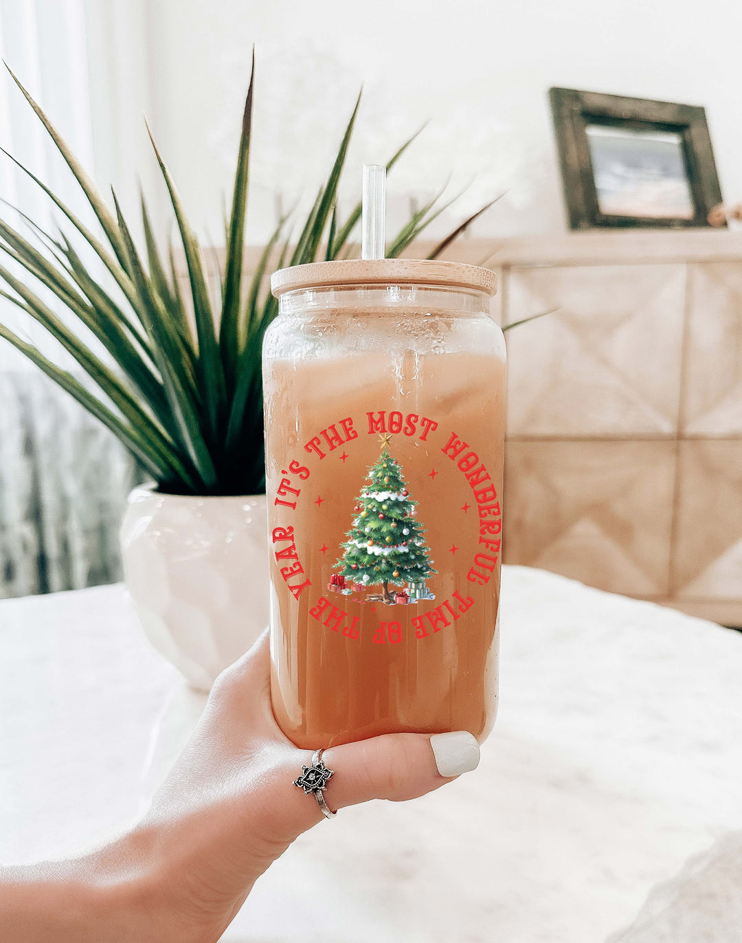 Most wonderful time Christmas Iced coffee glass cup with lid and straw Iced coffee cup Christmas gift tumbler Holiday iced coffee cups