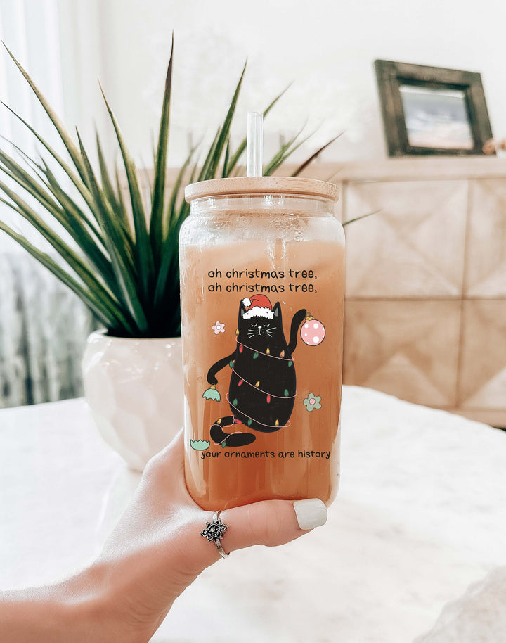 Cat Christmas light Iced coffee glass with lid and straw Iced coffee cup Iced coffee glass&nbsp;frosted Holiday Tumbler Cat lover coffee glass