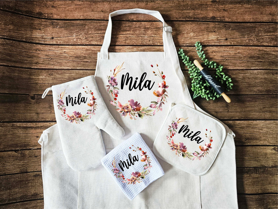 Personalized Apron for Women with Pocket Custom Oven Mitt Set