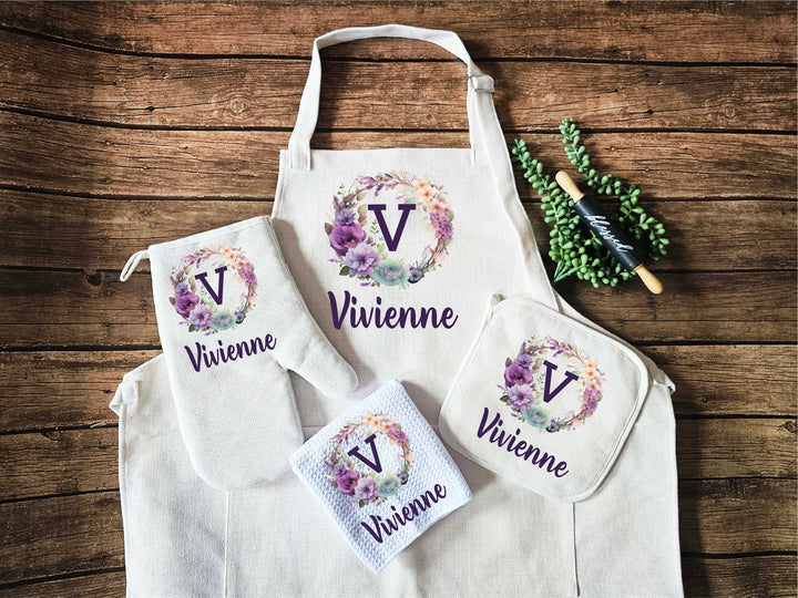 Custom Monogram Apron women apron with pocket Custom Holiday gift Oven mitt and Potholder Personalized dish towel personalized Cooking Apron