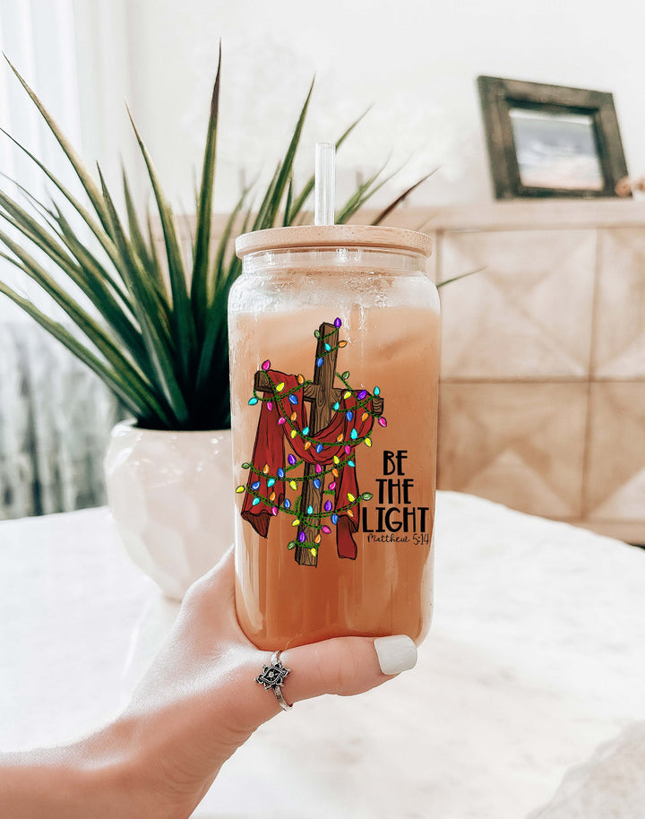 Be the light Iced coffee Glass cup with lid and straw Christian coffee cup Christian gifts Bible verse gift ideas Faith Bible verse gift