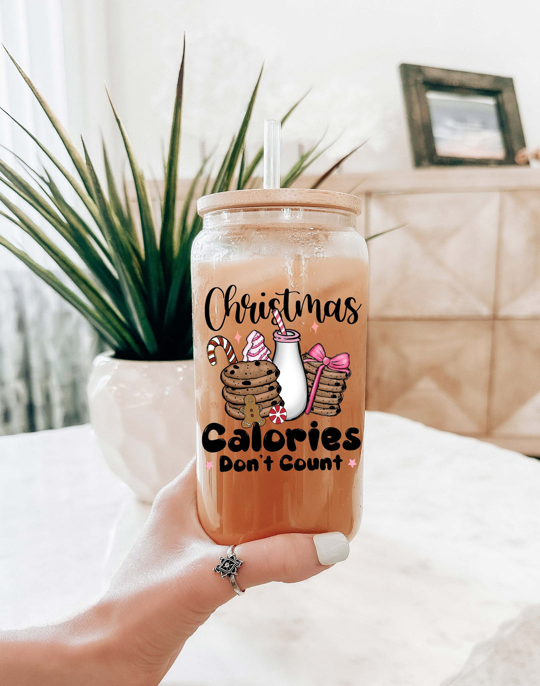 Christmas Calories Don't Count Iced Coffee Glass Cup Tumbler