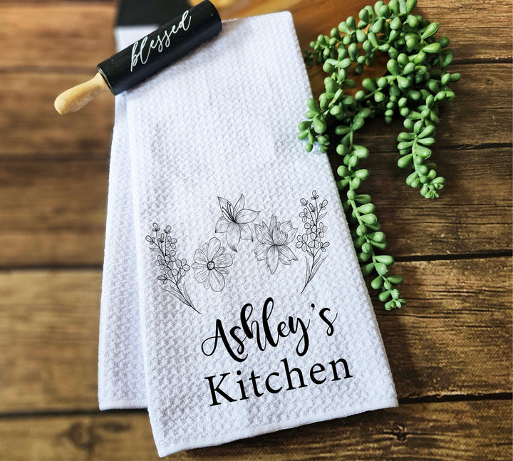 Personalized floral tea towel custom dish towel waffle weave dish towel Custom dish Towel Kitchen decor towel Wedding Bridal shower gift