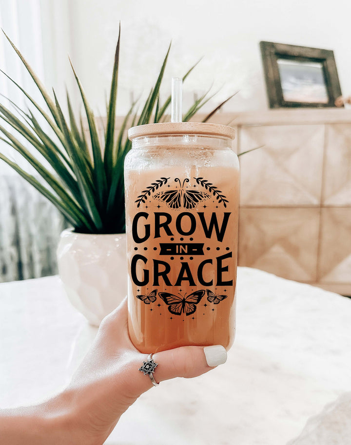 Grow in grace Iced coffee Glass cup with lid and straw Praying mom gift cups Christian coffee cup Christian gifts Bible verse gift ideas