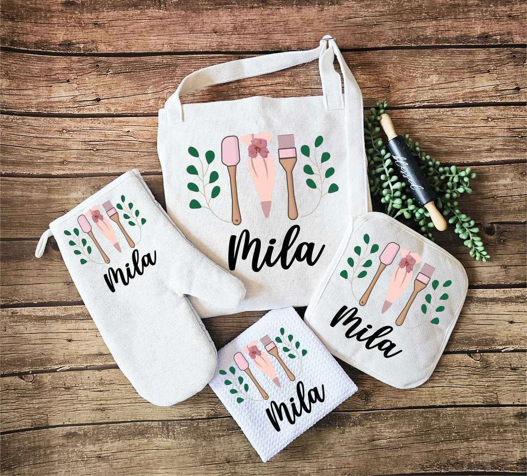 Apron for women with pocket Custom Oven mitt and Potholder Personalized dish towel Kitchen gift for her wedding gift for her Linen apron set