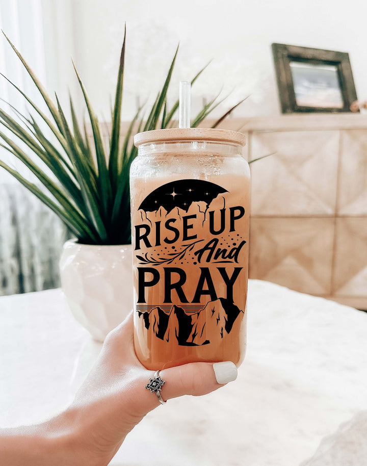 Rise Up And Pray Christian Iced Coffee Glass Cup With Lid