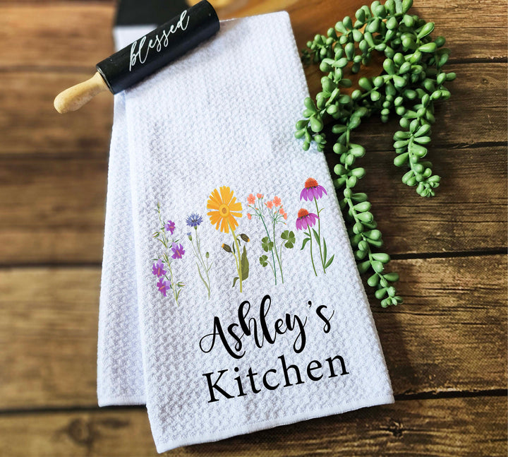 Personalized floral dish towel custom dish towel waffle weave dish towel Custom Tea Towel Kitchen decor towel Wedding Bridal shower gift