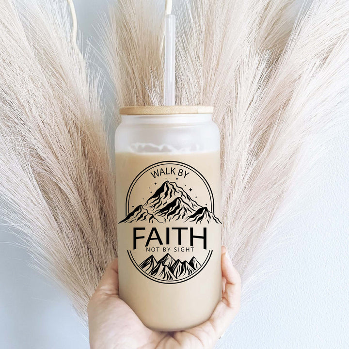 Walk By Faith Iced Coffee Glass Cup With Lid And Straw