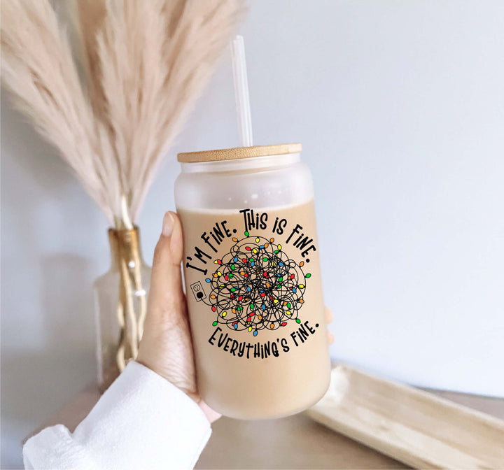 Its fine everything is fine Skeleton Christmas Iced coffee glass with lid and straw Iced coffee glass cup Tumbler Holiday glass coffee cups