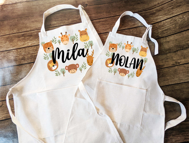 Kids apron with Pocket personalized Boho apron for toddler Custom Baking aprons kitchen apron Kid birthday gift Animal safari kids apron