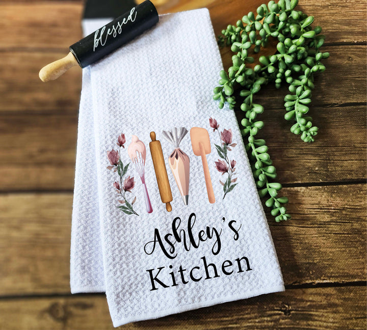 Dish towel with name Custom Dish Towel Tea Towel Personalized Kitchen decor Towels Bridal shower gift Waffle towel with kitchen utensils