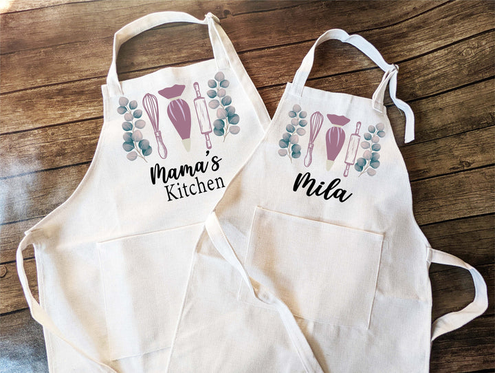 Personalized Kitchen apron for women with pocket Linen kids apron with name Matching aprons set baking apron kids baking Apron for mom Nana