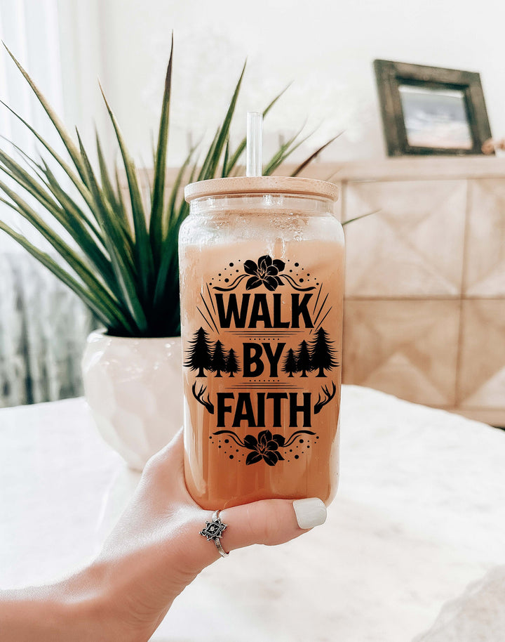 Walk by faith Christian Iced coffee Glass cup with lid Christian faith coffee cup Bible verse gift cups Christian Affirmations Glass Cup