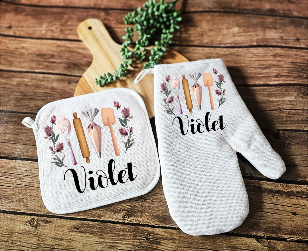 Apron for Women with Pocket Personalized Custom Oven Mitt Set