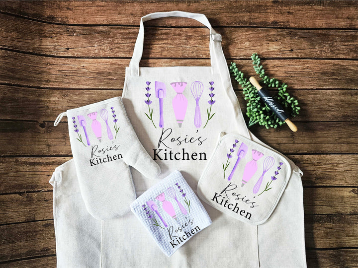 Custom Apron for women with pocket Oven mitt set and Potholder Personalized dish towel Kitchen gift for her wedding gift for her Cook gifts