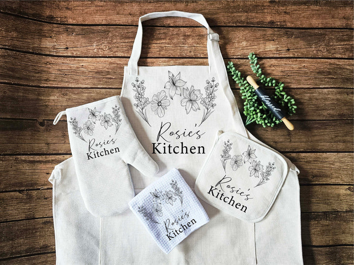 Personalized Floral Apron for women with pocket Custom Kitchen gift for grandma Mom customized tea towel Kitchen gift for her wedding gifts