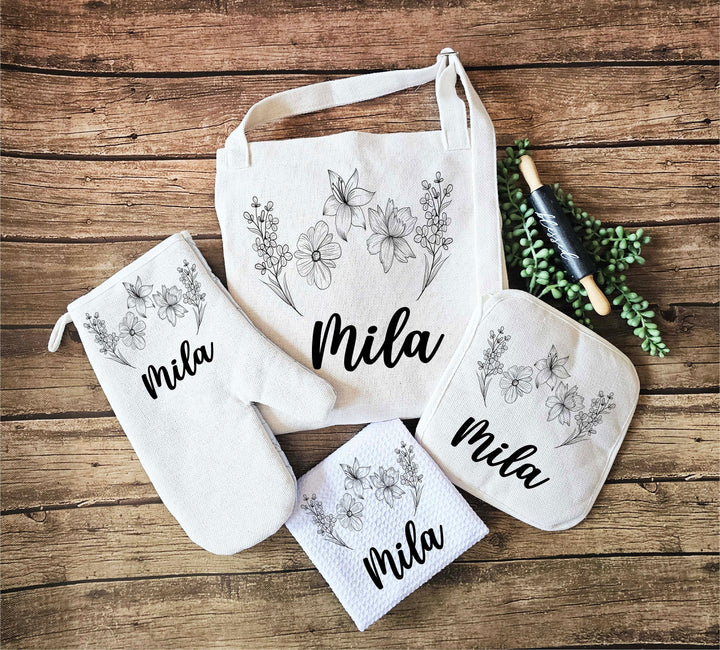 Personalized Floral Apron for women with pocket Custom Kitchen gift for grandma Mom customized tea towel Kitchen gift for her wedding gifts