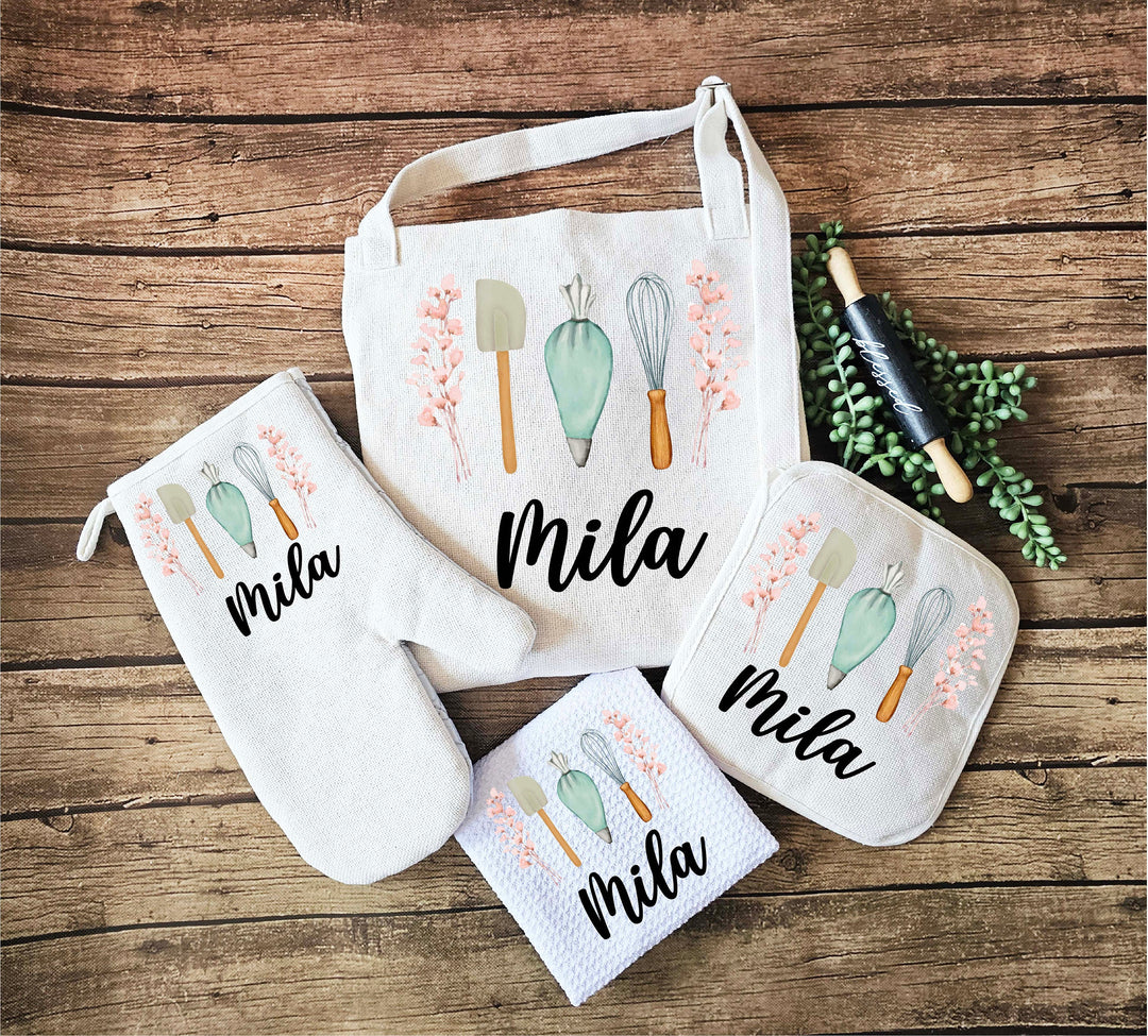 Personalized Apron with Pocket and Custom Oven Mitts Set
