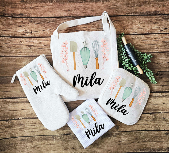 Personalized Apron with Pocket and Custom Oven Mitts Set