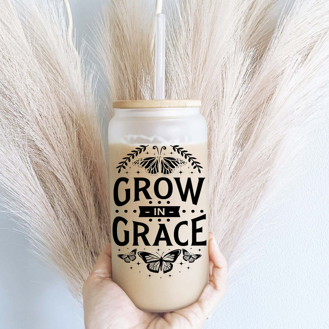 Grow In Grace Iced Coffee Glass Cup With Lid And Straw
