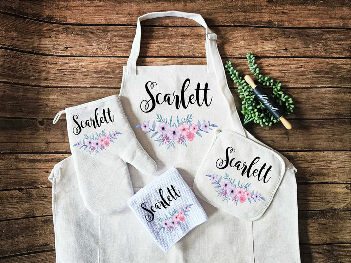 Custom name women apron with pocket Custom Holiday gift Oven mitt and Potholder Personalized dish towel personalized Cooking Apron gift set