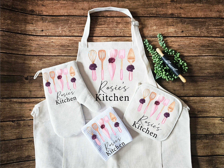 Personalized Linen Kitchen Apron for women with pocket Custom Oven mitt and Potholder Personalized dish towel Kitchen gift for mom Apron set