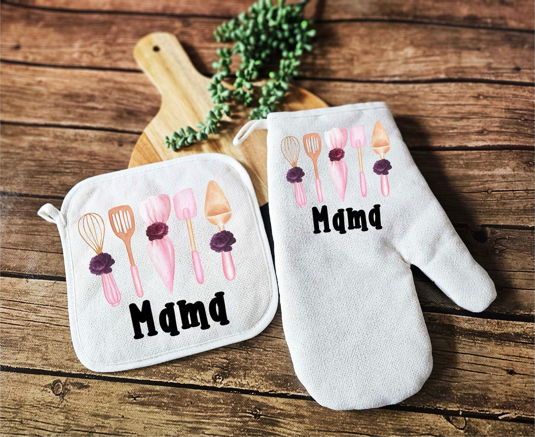 Personalized Linen Kitchen Apron for women with pocket Custom Oven mitt and Potholder Personalized dish towel Kitchen gift for mom Apron set