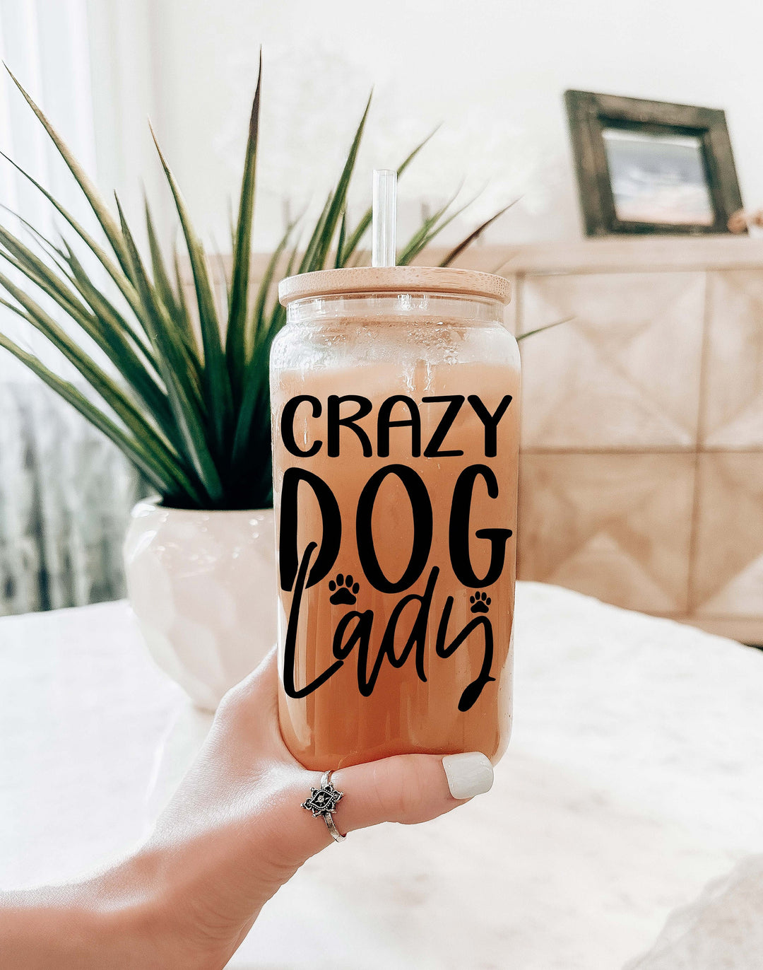 Crazy Dog Mama Iced Coffee Glass Cup with Lid and Straw