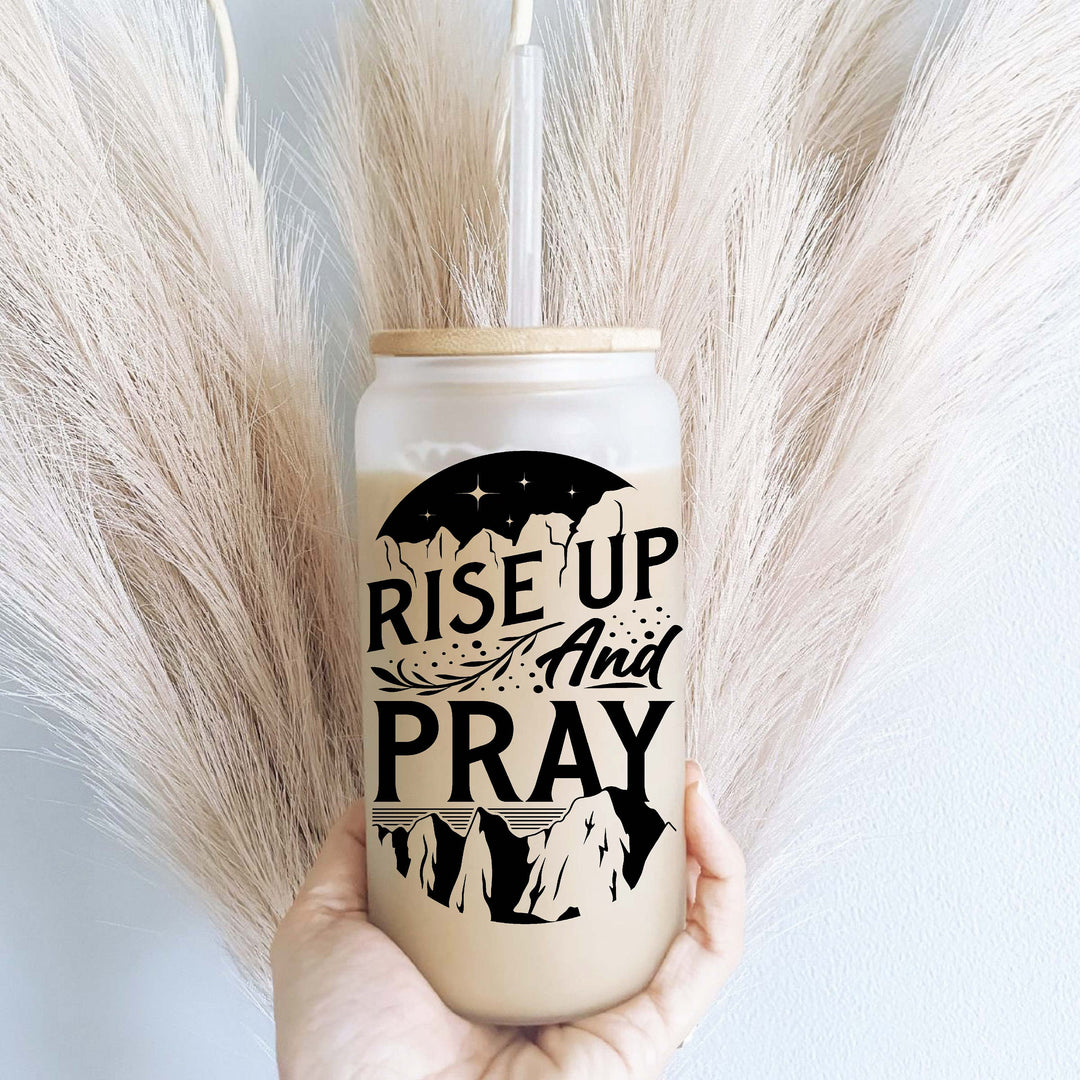 Rise up and pray Christian Iced coffee Glass cup with lid Christian faith coffee cup Bible verse gift cups Christian Affirmations Glass Cup