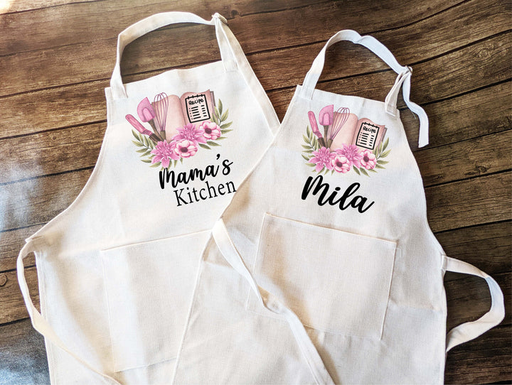 Personalized floral aprons for women with pocket&nbsp;Adult and kids Mommy daughter matching baking apron Holiday Baking Cooking Apron Gift kids